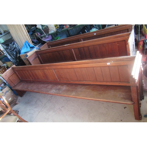 716 - Pitch pine church pew, approx. 310cm long