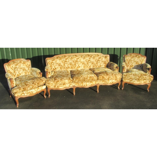 760 - c1930s French Rococo style beech framed 3-piece lounge suite, with carved apron on cabriole legs, wi... 