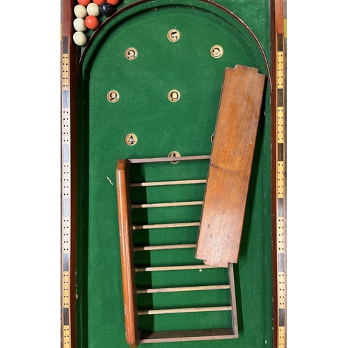 227 - Late C19th/early C20th mahogany bar billiards game in folding case, green baize lining, no makers ma... 