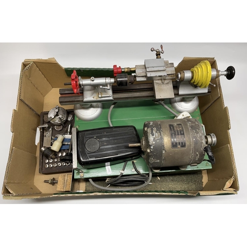 232 - C20th 4 speed watch makers lathe, complete with electric motor, variable speed foot pedal, three jaw... 