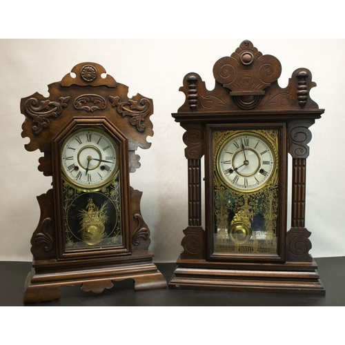 136 - Two late C19th New Haven Clock Co. mahogany cased shelf clocks, with carved cases, cream dials with ... 