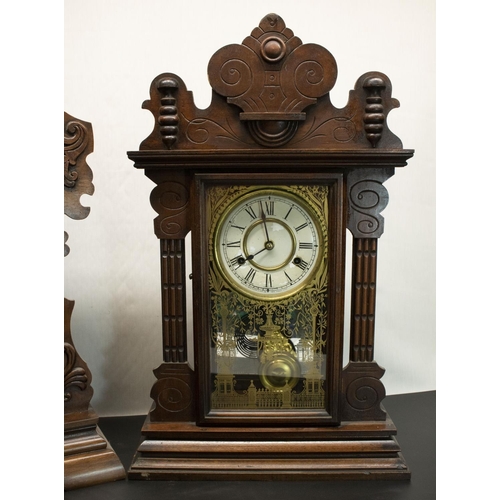 136 - Two late C19th New Haven Clock Co. mahogany cased shelf clocks, with carved cases, cream dials with ... 