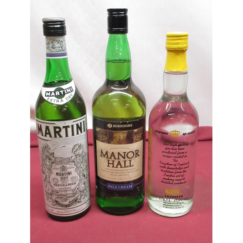 141 - .7l de Keyzer export quality gin, 75cl bottle of Martini extra dry Vermouth, 1l bottle of Manor Hall... 