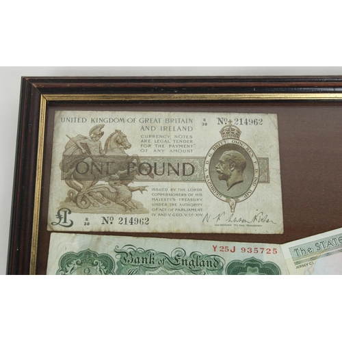 734 - Selection of GB & Channel Islands £1 bank notes, to include KGV £1 (Fisher), glazed and framed