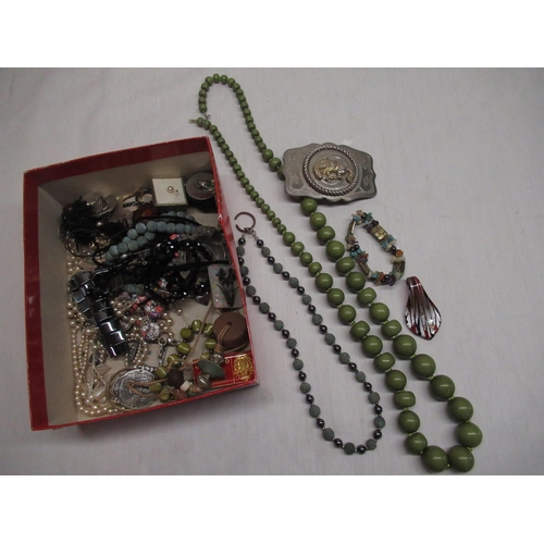 175 - 1930's moss green graduated bead necklace, simulated pearl necklaces and other costume jewellery