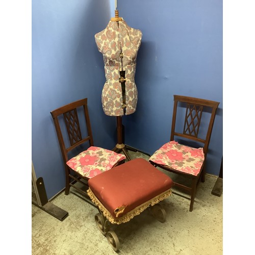 800 - Dressmakers dummy on tripod base, pair of Edwardian bedroom chairs, wrought iron dressing table stoo... 