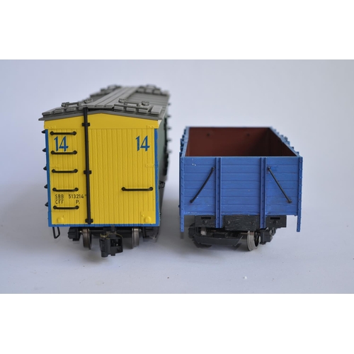 6 - 2 boxed G gauge twin bogie wagons, 1 an LGB open wagon, the other closed by Bachmann. Both re-painte... 