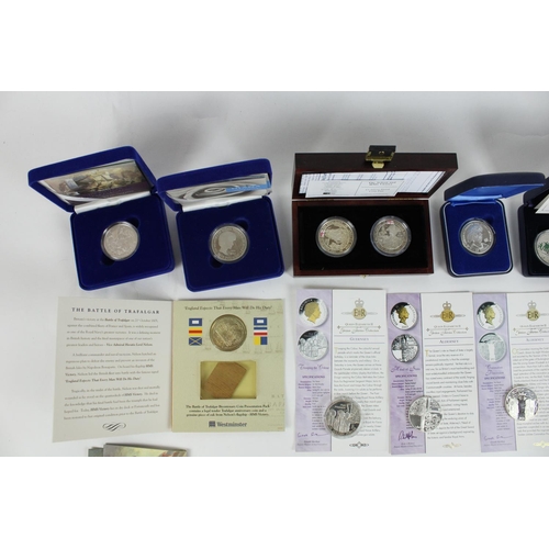 751 - Selection of mixed silver proof coins to include Nelson 2005 crown, Battle of Trafalgar £5, ERII Gol... 