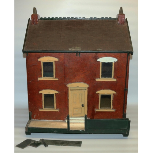 297 - 1920s double fronted dolls house with four glazed windows, the back opening to reveal three rooms, w... 