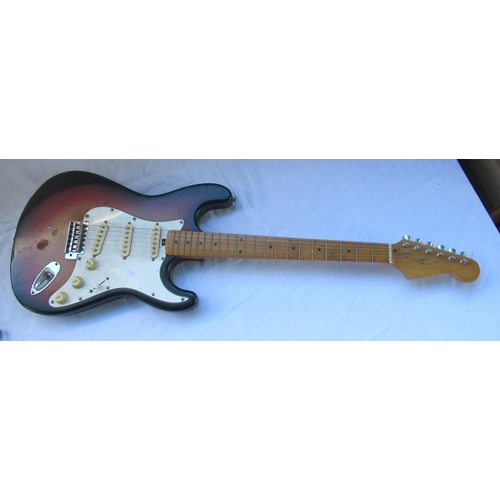 90 - Unnamed Fender type 6 string electric guitar, in sunburst finish with ivory scratch plate (A/F)