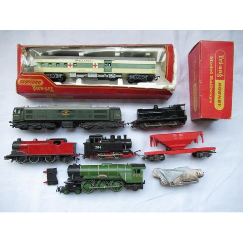 68 - Various carriages and trains by Hornby and Tri-ang including boxed ambulance carriage with ramc Elec... 