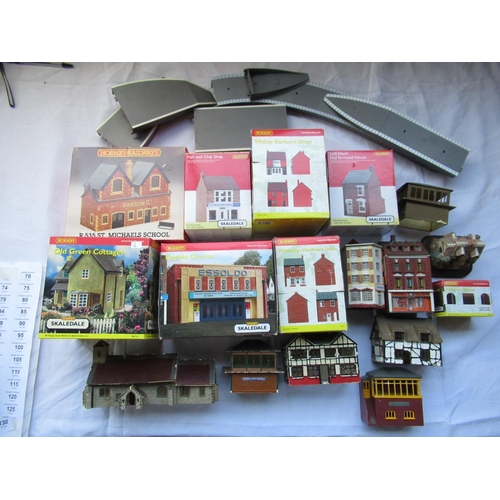 70 - Large collection of Hornby building accessories including Pickering's Hardware Store, Fish and Chip ... 