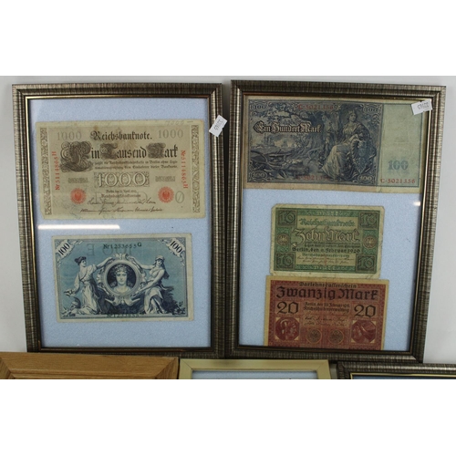 700 - Collection of framed and glazed world bank notes, to include early German Reichsbanfnotes, East Afri... 