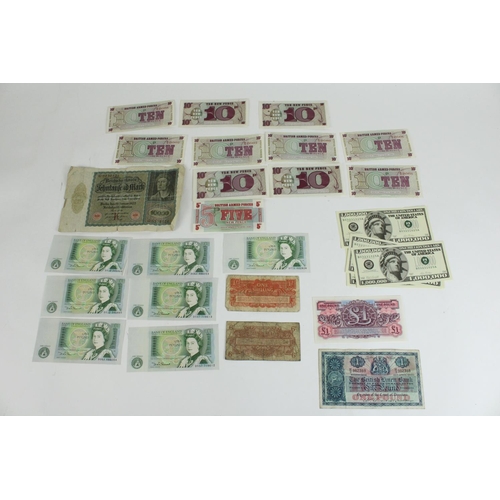 701 - Selection of bank notes to inc. Bank of England £1, British Linen Bank £1, British Armed Forces vouc... 