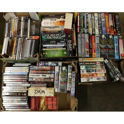 278 - Large collection of DVDs, VHS tapes, CDs, etc. relating to the history of WWII and WWI (6 boxes)