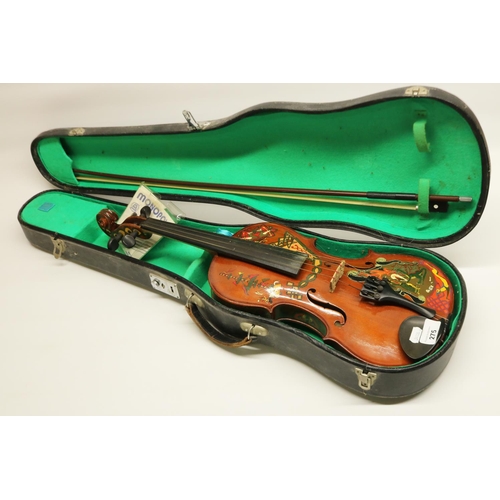 275 - Mid-late c20th violin with painted decoration in a Celtic style, purportedly by Scottish miniaturist... 