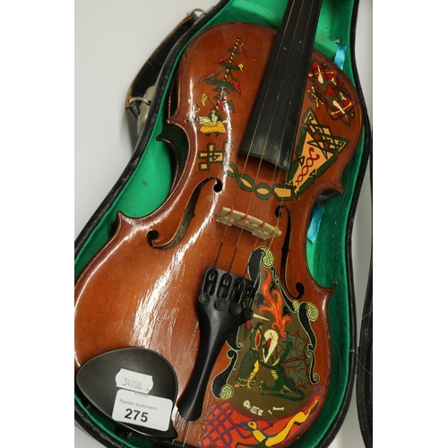 275 - Mid-late c20th violin with painted decoration in a Celtic style, purportedly by Scottish miniaturist... 