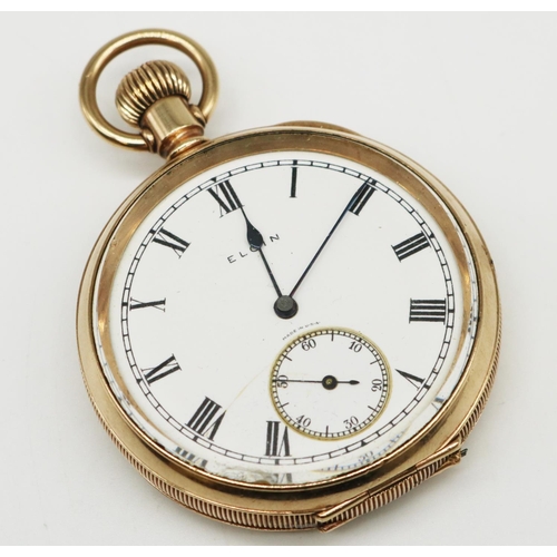 796 - Elgin open faced keyless pocket watch, signed white enamel dial with Roman numerals, outer railtrack... 