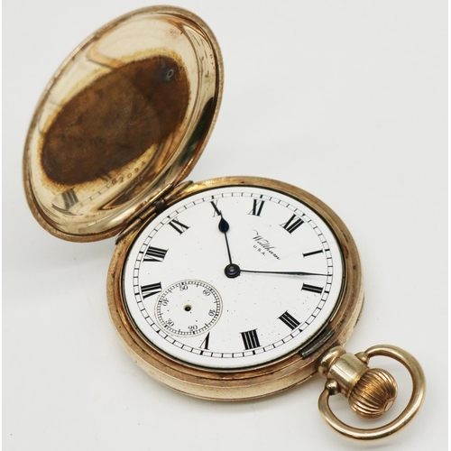 798 - Waltham Hunter cased pocket watch, signed white enamel dial with Roman numerals, railtrack minutes a... 