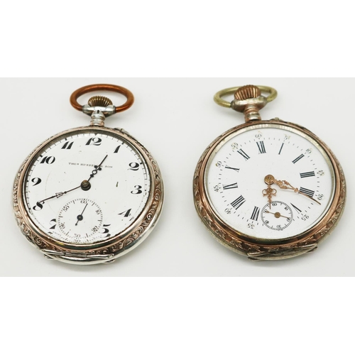 801 - Retailer Thos. Russell & Son, Swiss key wound and pinset open faced white metal pocket watch, signed... 