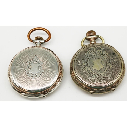 801 - Retailer Thos. Russell & Son, Swiss key wound and pinset open faced white metal pocket watch, signed... 