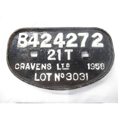 27 - Two wagon plates, B424272 21T Cravens Ltd 1958 and B591678 16T Derby 1957 (2)