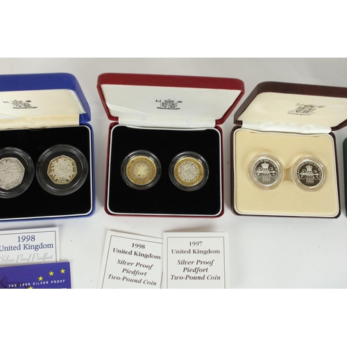 758 - Selection of Royal Mint silver proof two coin sets to include 1990 five pence, 1992 ten pence, 1989 ... 