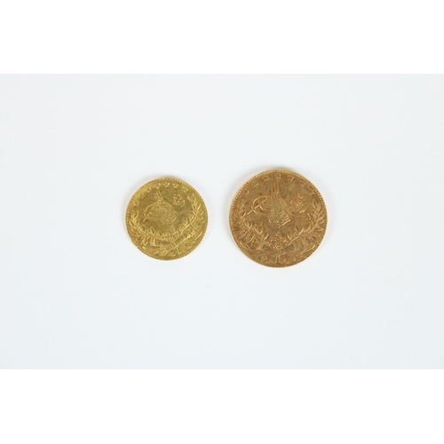 764 - Two Ottoman Empire gold coins, larger 18mm and 3.7g, smaller 15mm and 1.8g