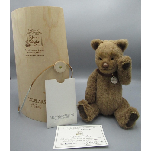 137 - R. John Wright Dolls Inc. Tag Bear Toodles in brown mohair with collar, H23cm, limited edition 39/50... 