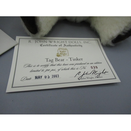 138 - R. John Wright Dolls Inc. Tag Bear Tinker in white mohair with collar, H23cm, limited edition 39/500... 