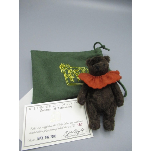 142 - R. John Wright Dolls Inc. Bitty Bear 157/350 in brown mohair with red ruff, with certificate and dus... 