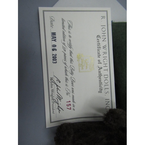 142 - R. John Wright Dolls Inc. Bitty Bear 157/350 in brown mohair with red ruff, with certificate and dus... 