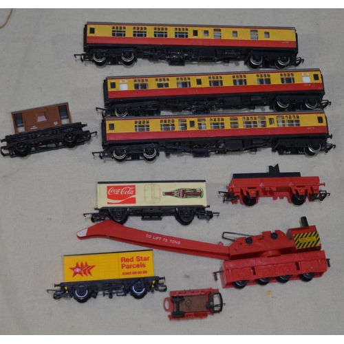 63 - 00 gauge vehicles including carriages, passenger carriages, Red Star parcels, Coca Cola, 75-ton cran... 