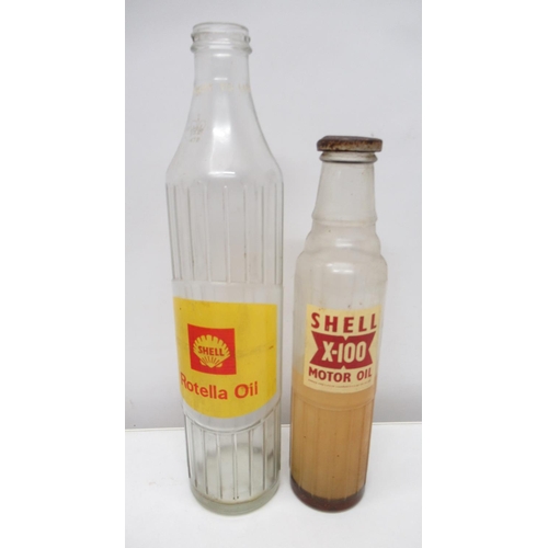 737 - Shell Rotella glass oil bottle and a Shell X-100 Motor Oil bottle with bottle cap (2)