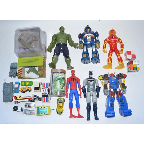 136 - Collection of toys and models including a Transformer and superhero action figures, Lego Bionicle se... 