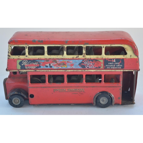 137 - Vintage Tri-Ang Minic tinplate clockwork double decker red bus, London Transport, no key,  L18.5cm.