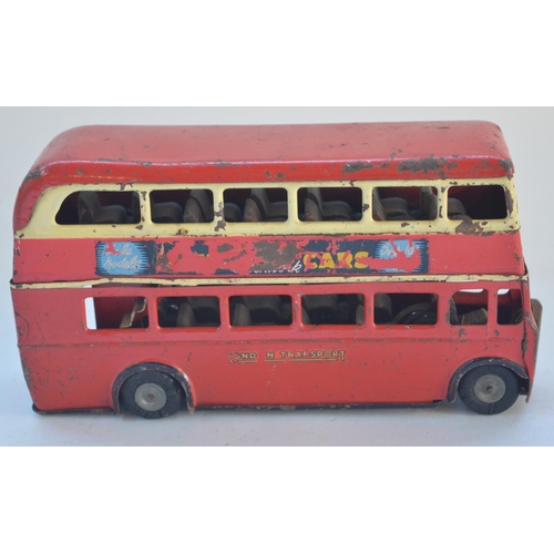 137 - Vintage Tri-Ang Minic tinplate clockwork double decker red bus, London Transport, no key,  L18.5cm.