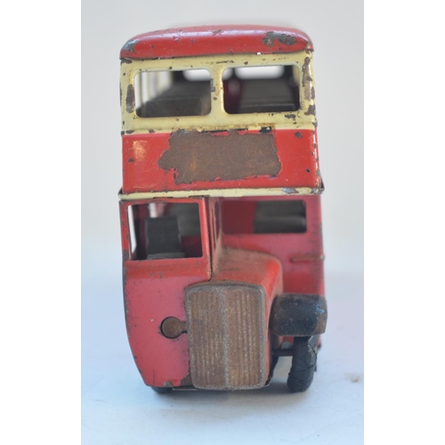 137 - Vintage Tri-Ang Minic tinplate clockwork double decker red bus, London Transport, no key,  L18.5cm.