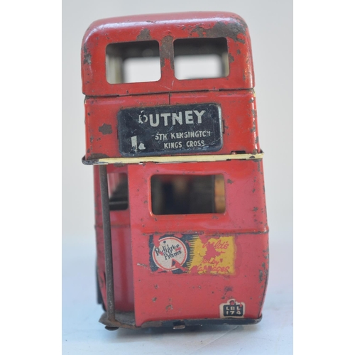 137 - Vintage Tri-Ang Minic tinplate clockwork double decker red bus, London Transport, no key,  L18.5cm.