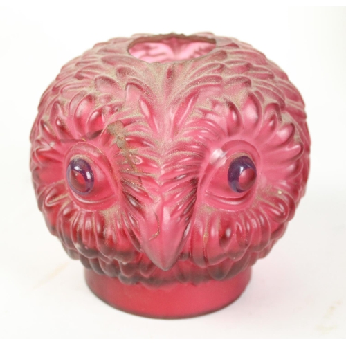 309 - C19th cranberry glass Owl head lampshade from a fairy lamp, vaseline glass vase with pink frill rim,... 