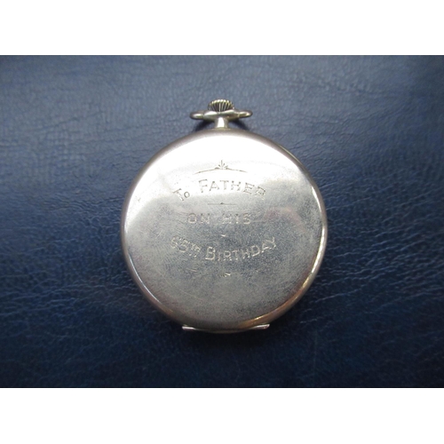 963 - Omega pocket watch in steel case, with hand winder and second hand movement, inscription 'To Father ... 