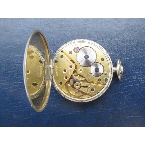 963 - Omega pocket watch in steel case, with hand winder and second hand movement, inscription 'To Father ... 