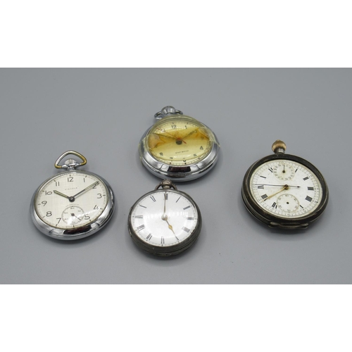 108 - Early C20th silver chronograph pocket watch, with white enamel dial, case back no.85266, and import ... 