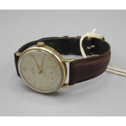 130 - 1950s Smiths Deluxe 9ct gold cased wristwatch, signed silvered dial with applied Arabic numerals, ou... 