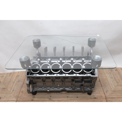 701 - Engine block coffee table with rectangular glass top