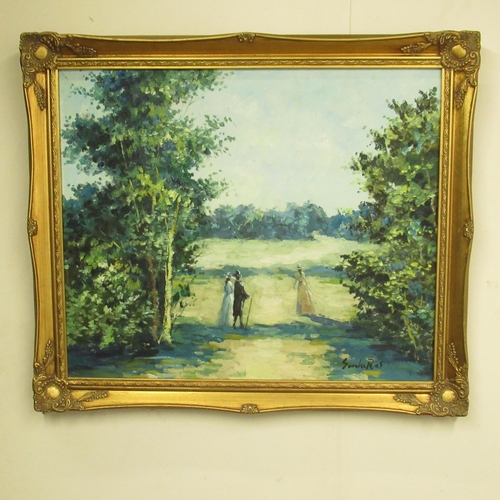 343 - French School (C20th); Figures walking in a Park, oil on canvas, indistinctly signed, 50cm x 60cm an... 