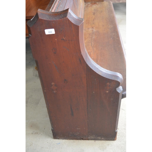 222 - Small Victorian pitch pine pew, twin panelled back on solid shaped end, W160cm D50cm H84cm