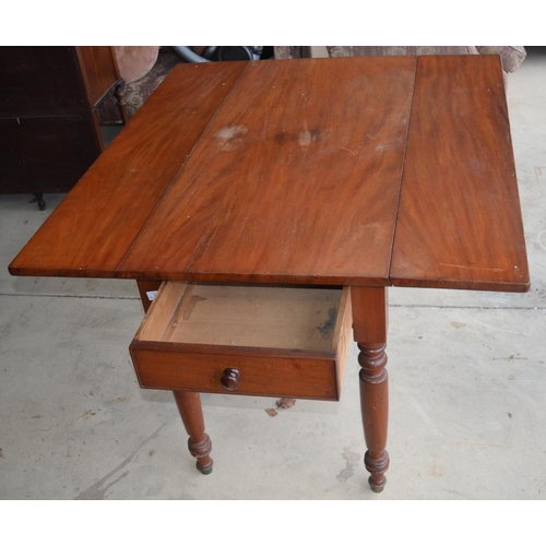 226 - Victorian mahogany Pembroke table, two fall leaves and end drawer on turned supports, W110cm D143cm ... 