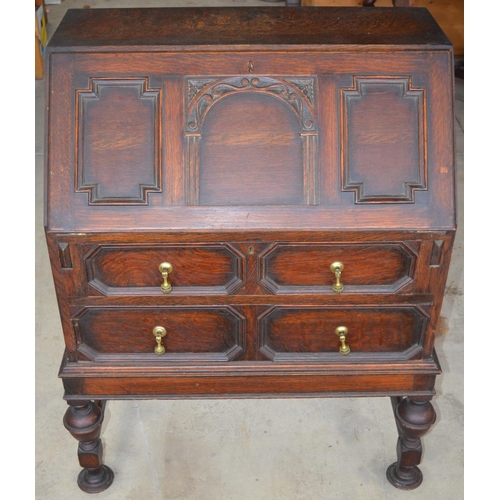 230 - C20th oak bureau, fall front above two drawers on turned supports with stretchers W73 D45 H96