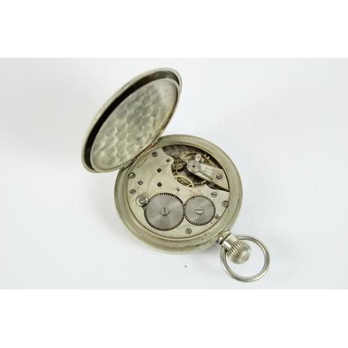 68 - Swiss early C20th nickel open faced keyless pocket watch, with white enamel dial, unsigned Swiss mad... 